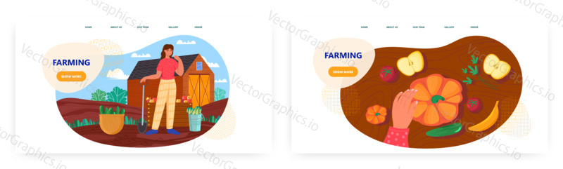 Farming landing page design, website banner template set, flat vector illustration. Female gardener, farmer harvesting organic fruits and vegetables. Autumn crop, gardening, farming industry.