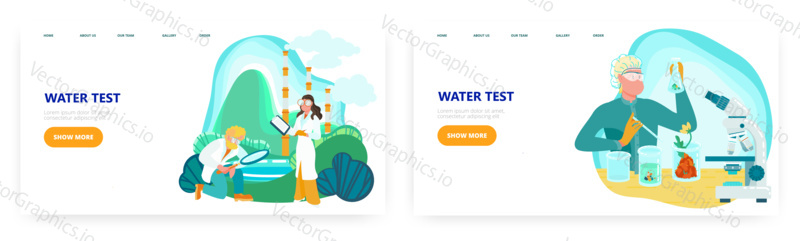 Water testing landing page design, website banner template set, flat vector illustration. People taking water samples and making research in lab. Water quality testing process.