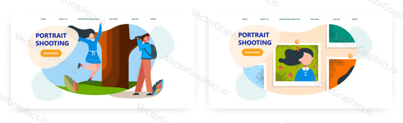 Portrait shooting landing page design, website banner template set, flat vector illustration. Professional photographer shooting female model with camera.