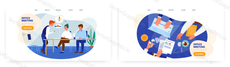 Office meeting landing page design, website banner template set, flat vector illustration. Business people engaged in discussion sitting at table. Brainstorm, office workshop, teamwork.