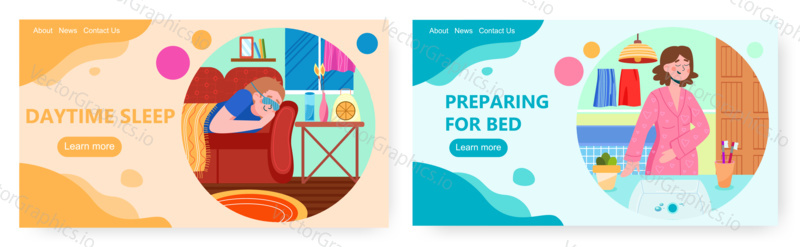 Healthy sleep landing page design, website banner template set, flat vector illustration. Daytime sleep. Brushing teeth, taking bath before going to bed. Bedtime routine.