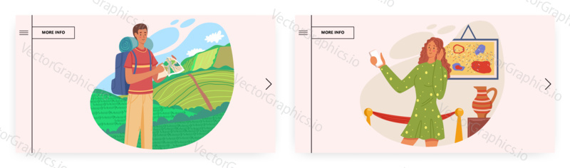 Summer vacation landing page design, website banner template set, flat vector illustration. Tourist with backpack looking at the map. Hiking, trekking, summer travel, outdoor adventure.