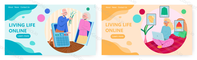 Life online. Landing page design, website banner template set, flat vector illustration. Happy people of different ages shopping, dating online. Internet communication, ecommerce, virtual meeting.