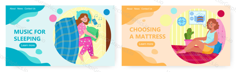 Healthy sleep landing page design, website banner template set, flat vector illustration. Comfortable mattress and relaxing music for sleeping. Preparing for good night sleep.