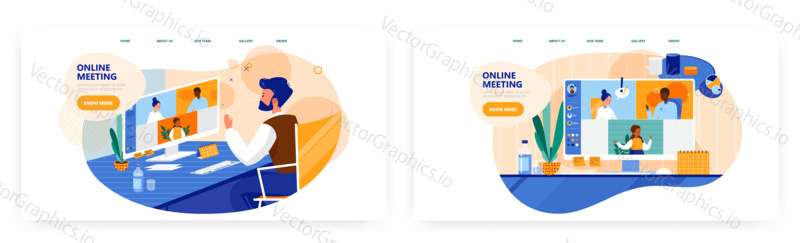 Online meeting landing page design, website banner template set, flat vector illustration. Video conference technology, webinar, video call, distance education.