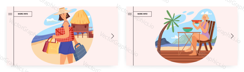 Summer beach vacation landing page design, website banner template set, flat vector illustration. Happy female characters taking rest at the seaside. Summer holiday, tropical vacation.