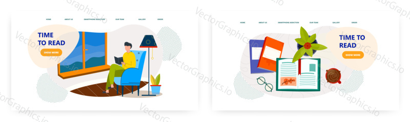 Time to read landing page design, website banner template set, flat vector illustration. Man reading book sitting in armchair. Home leisure activity, education.