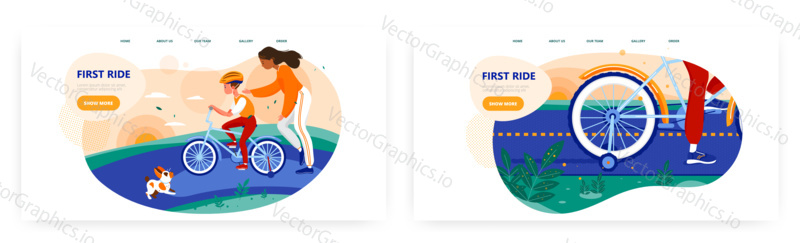 First ride landing page design, website banner template set, flat vector illustration. Mother teaching or helping her son to ride bicycle. Happy multicultural family relationship, parenting.