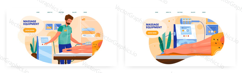 Massage equipment landing page design, website banner template set, flat vector illustration. Woman enjoying hardware body massage therapy. Lpg anti cellulite procedure. Hardware cosmetology.
