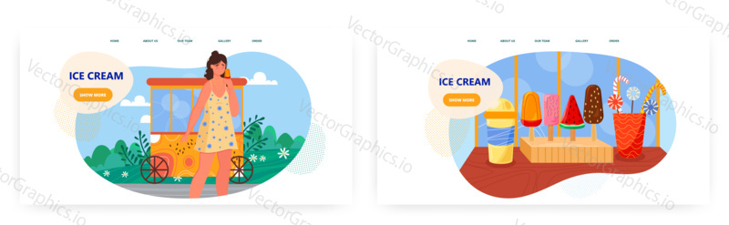 Ice cream landing page design, website banner template set, flat vector illustration. Happy woman eating delicious ice cream. Summer food, sweet frozen dessert. Icecream cart business.