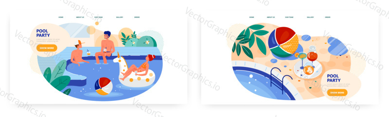 Pool party landing page design, website banner template set, flat vector illustration. Happy people swimming in pool, drinking cocktail, floating inflatable ring, relaxing. Summer beach water activity