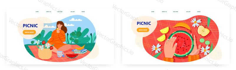 Picnic landing page design, website banner template set, flat vector illustration. Happy woman having outdoor picnic, sitting on blanket and eating ice cream in the park. Summer leisure activity.