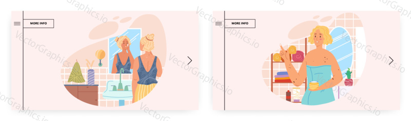 Special appearance, skin problem people. Landing page design, website banner template set, flat vector illustration. Female characters with face and body pimples, acne, rash. Unusual appearance.