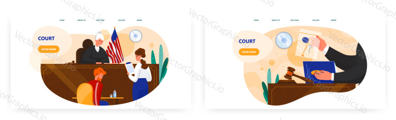 Court session landing page design, website banner template set, flat vector illustration. Court room, judge, lawyer and criminal. Judgment. Law and justice.
