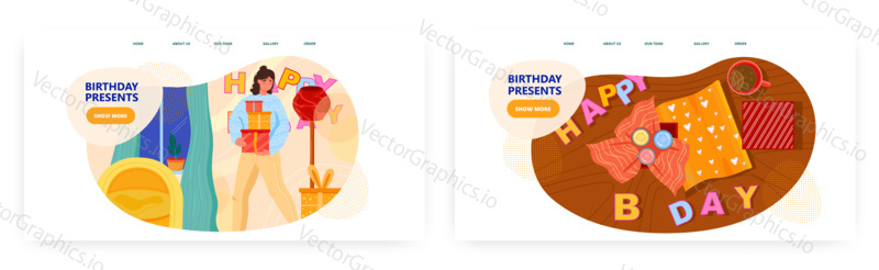 Birthday presents landing page design, website banner template set, flat vector illustration. Happy woman with congratulations gift boxes. Presents for birthday party celebration.