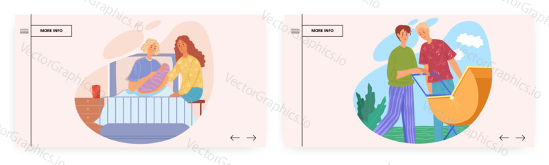 Homosexual parents with babies landing page design, website banner template set, flat vector illustration. Happy gay and lesbian couples with newborn babies. Lgbt families with kids.