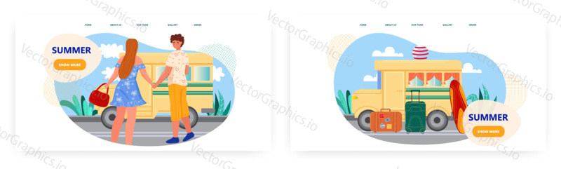 Summer vacation landing page design, website banner template set, flat vector illustration. Summer travel planning. Motor home, camper for road trip and camping. Family van tour.