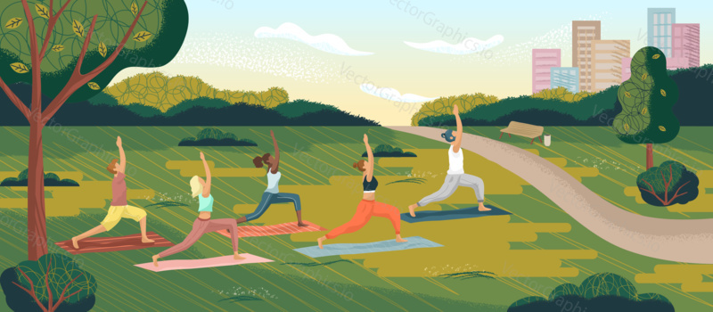 Outdoor yoga class in city park. Yoga exercise concept vector illustration. Young women training together with male instructor, cartoon characters. Healthy lifestyle, sport activity.