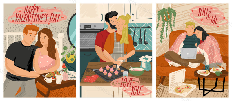 Couple in love cooking and watching movie together. Valentine day concept vector illustration. Romantic couple. Man brings breakfast to bed. Poster for 14 february holiday.