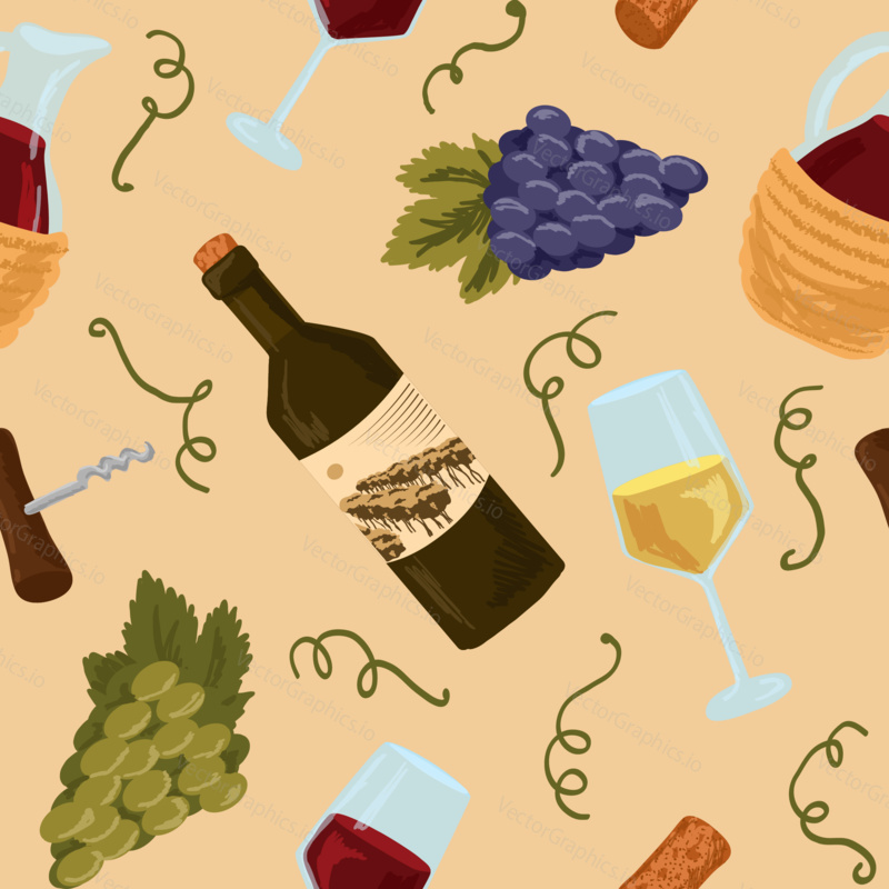 Seamless pattern with wine bottle, grape, glass of white and red wine. Winery vector illustration.