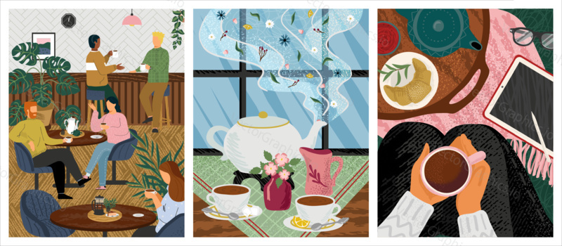 Morning coffee in cafe concept vector illustration. People at a table in a restaurant drink tea. Friends meeting for breakfast. Woman sit on a floor and drink hot tea. Table with tea pot and cups.