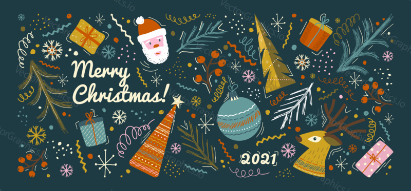 Merry christmas and happy new year greeting card and background template. Winter holiday vector illustration in vintage style. Christmas tree and toys, santa claus. 2021 new year hand drawn poster.