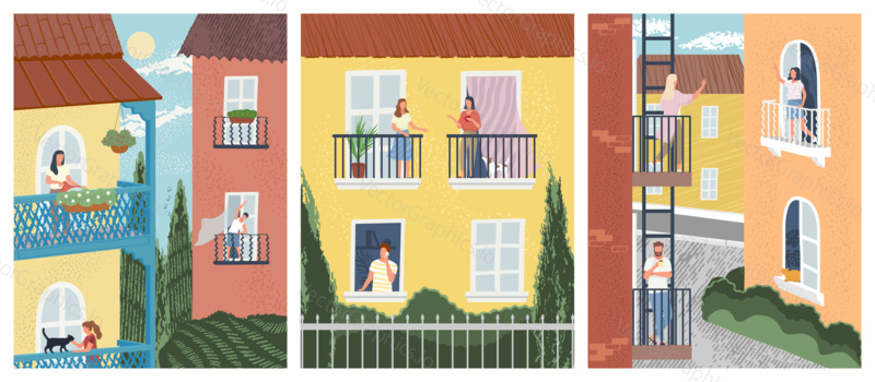 Building facade with people on balconies. Men and women talking to neighbours, exercise, watering flowers. Concept of neighbors in quarantine. Vector illustration.