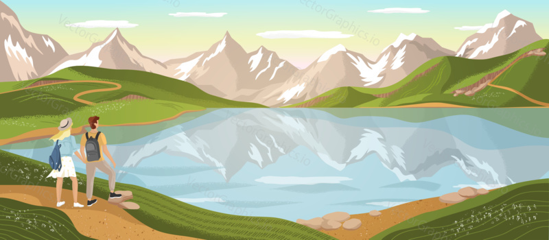 Couple of tourists look at the mountain lake. Travel and outdoor adventure vector concept illustration. Nature landscape poster. Happy man and woman hikers enjoy view over mountain lake.