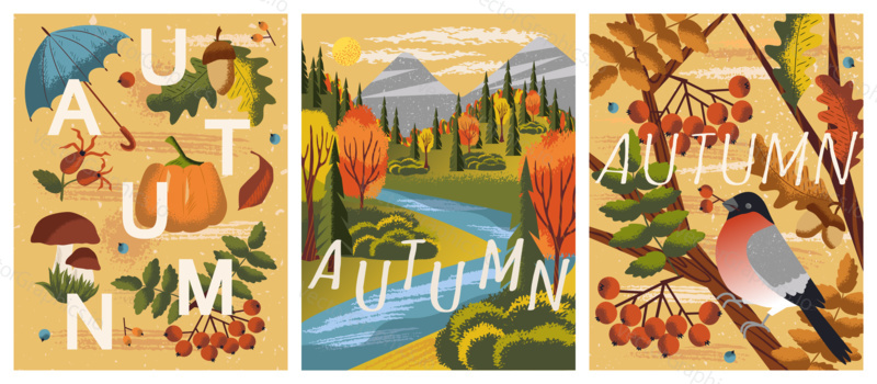 Autumn mood. Vector set of hand drawn illustrations. Fall season posters, Bullfinch bird on a tree, nature autumn landscape with river and forest.