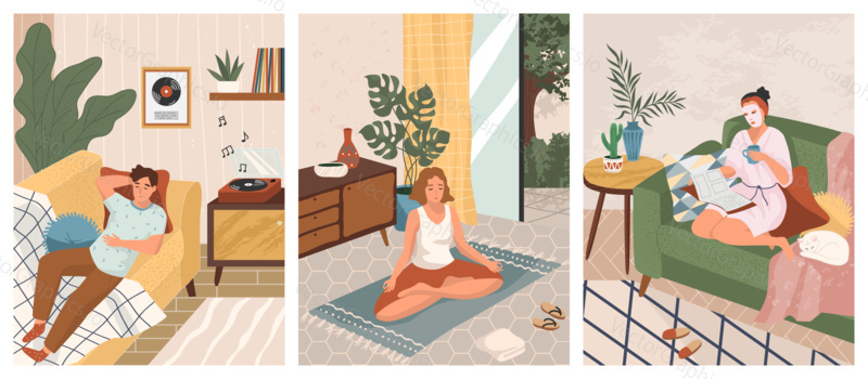 Stay at home concept vector illustration. Man listen music on vinyl recorder. Woman doing yoga and meditation at home. Girl read and relax on sofa. Mindfulness, wellbeing and relax.