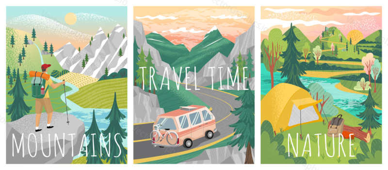 Travel posters. Vector set of adventure, camping and weekend vacation banners. Mountain hiking, road travel, camping in a forest, nature landscape. Man standing on mountain top and looking on valley.