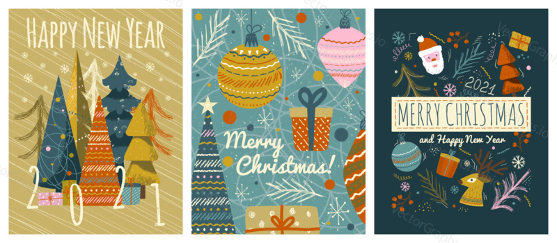 Merry christmas and happy new year greeting cards template. Vector set of winter holiday illustrations in vintage style. Christmas tree and toys, santa claus. 2021 new year hand drawn poster.