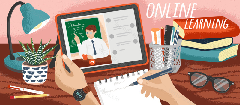 Student watching school lectures online and making notes. Distance education and online learning concept vector illustration. Study school course at home. Video call with teacher or private tutor.
