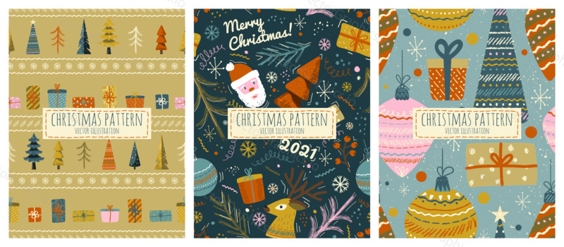 Christmas seamless pattern vector set in vintage scandinavian style.New year winter holiday background with christmas tree, santa claus and gifts.