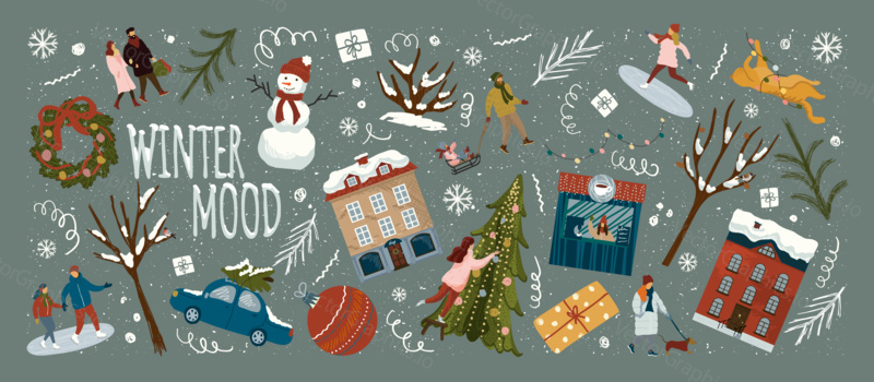 Christmas and new year season greeting card and background template. Winter holiday vector illustration. 2021 new year hand drawn poster. Christmas tree and toys, people, city buildings, snowman.