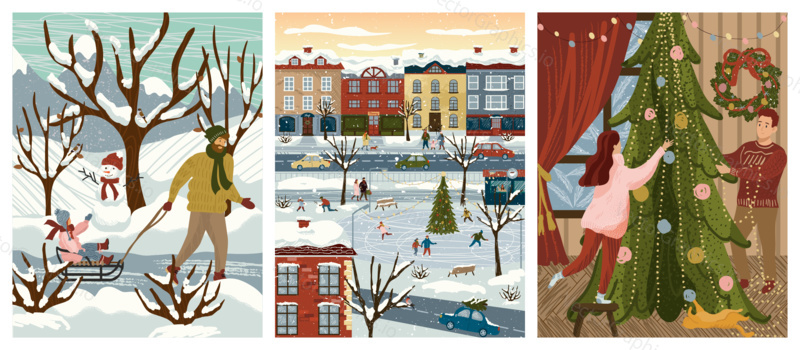 Winter and christmas season family holidays. Vector illustration of a family decorating christmas tree at home, father with child in winter park, new year city decoration. Kids on a ice skate rink.
