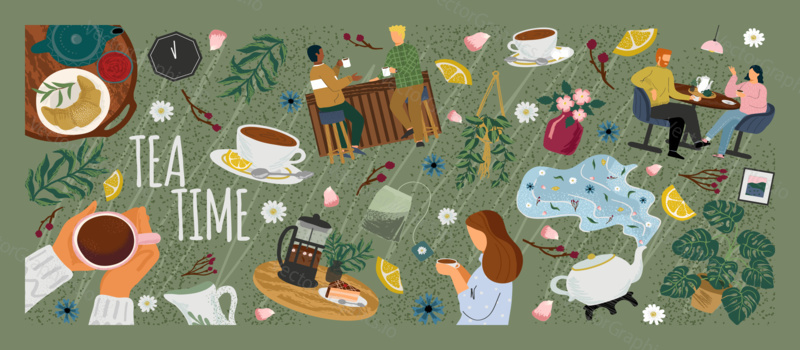 Morning coffee in cafe concept vector poster. People at a table in a restaurant drink tea. Friends meeting for breakfast. People drink hot tea. Table with tea pot and cups.