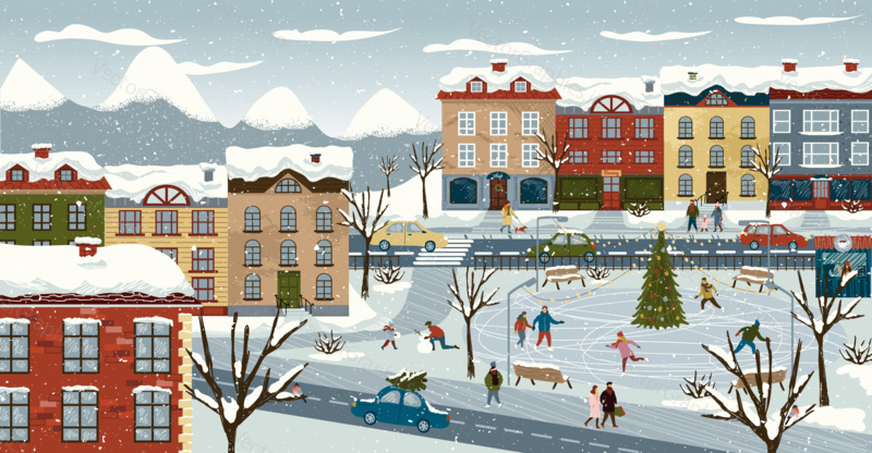 Winter and christmas holiday city landscape. Vector illustration of cute scandinavian town with ice skating rink. Family with kids playing snow on a street. Winter season background poster.