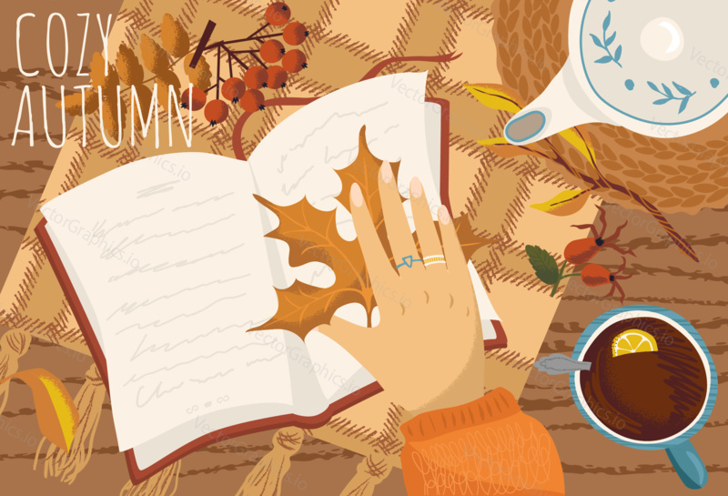 Woman stay at home, drink tea and read a book. Autumn mood hand drawn vector illustration. Fall season poster. Maple leaf as a bookmark for a diary. Autumn cozy time.