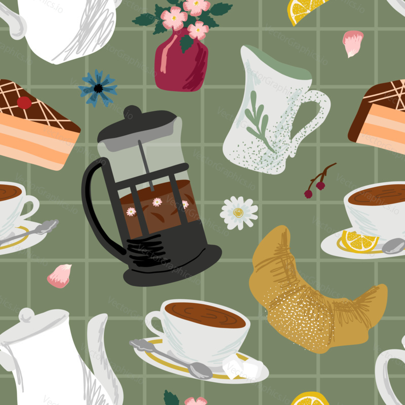 Seamless pattern with coffee and tea objects. Vector illustration background. French press coffee, tea pot, cups, cake and croissant.