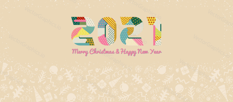 New year and christmas decoration border. Winter holiday vector background. 2021 New Year ornament in memphis style.