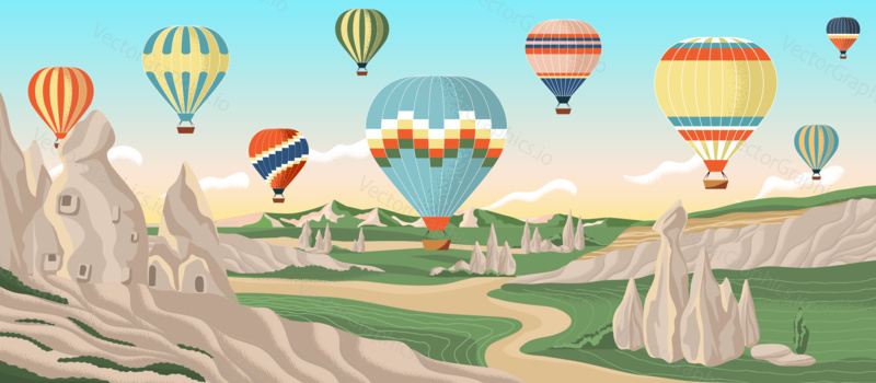 Hot air balloons over Cappadocia rocks landscape. Adventure travel in Turkey concept vector illustration. Summer vacation, travel by air balloon.