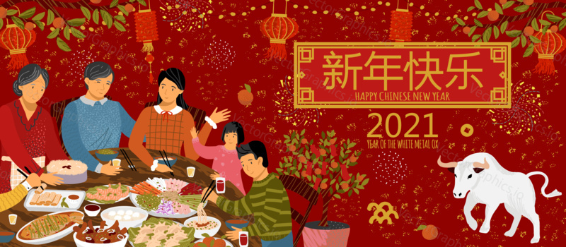 Chinese new year 2021 concept vector illustration. Traditional family dinner for chinese new year. Year of White Metal Ox, lunar calendar. Translation from chinese language - Happy New Year.