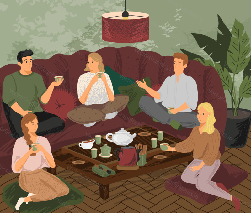 Friends drink tea at home. Tea ceremony concept vector illustration. People sitting on floor and sofa, drinking tea and talking.