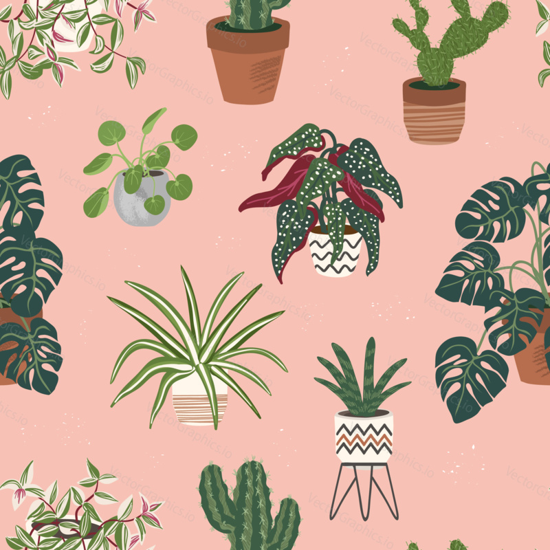 House plants seamless pattern. Trendy home decor with plants vector illustration. Flowers in pot, house interior design.