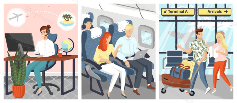 People travel by airplane vector illustration. Man and woman waiting for a flight in the airport terminal. Passengers use laptop and internet onboard. Travel company operator books ticket by phone.