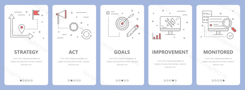 Vector set of action plan concept vertical banners. Strategy, act, goals, improvement and monitored concept elements. Thin line flat design symbols, icons for website menu, print.