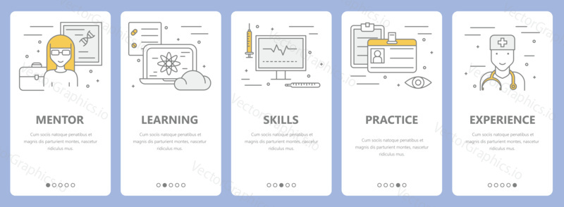 Vector set of concept internship vertical banners. Mentor, learning, skills, practice and experience concept elements. Thin line flat design symbols, icons for website menu, print.