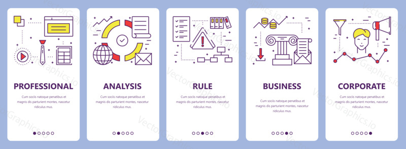 Vector set of criteria concept vertical banners. Professional, analysis, rule, business and corporate concept elements. Thin line flat design symbols, icons for website menu, print.