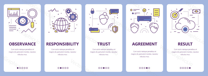 Vector set of commitment concept vertical banners. Observance, responsibility, trust, agreement and result concept elements. Thin line flat design symbols, icons for website menu, print.